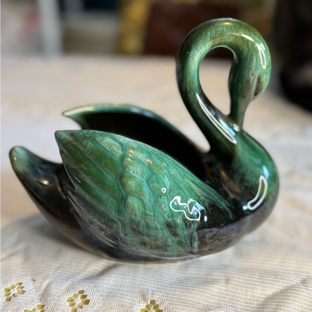 Vintage Elegant Green Ceramic Swan Figurine